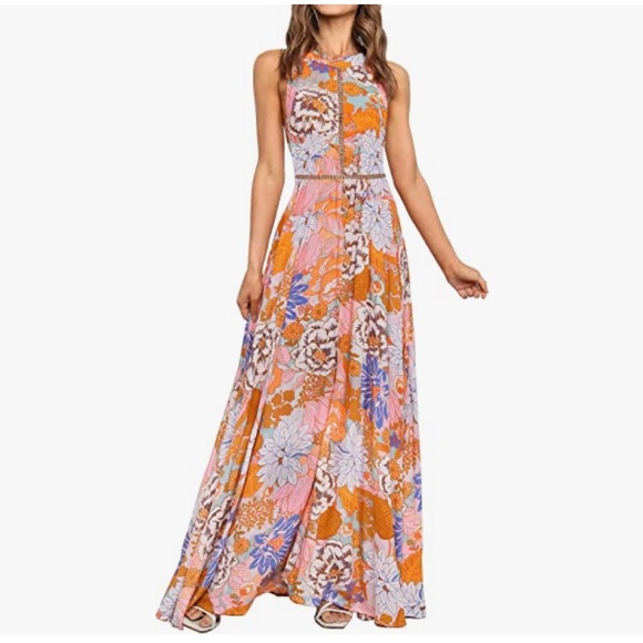 Summer Halter Neck Floral Print Backless Split Beach Party Maxi Dress,Tangerine - Picture 2 of 5